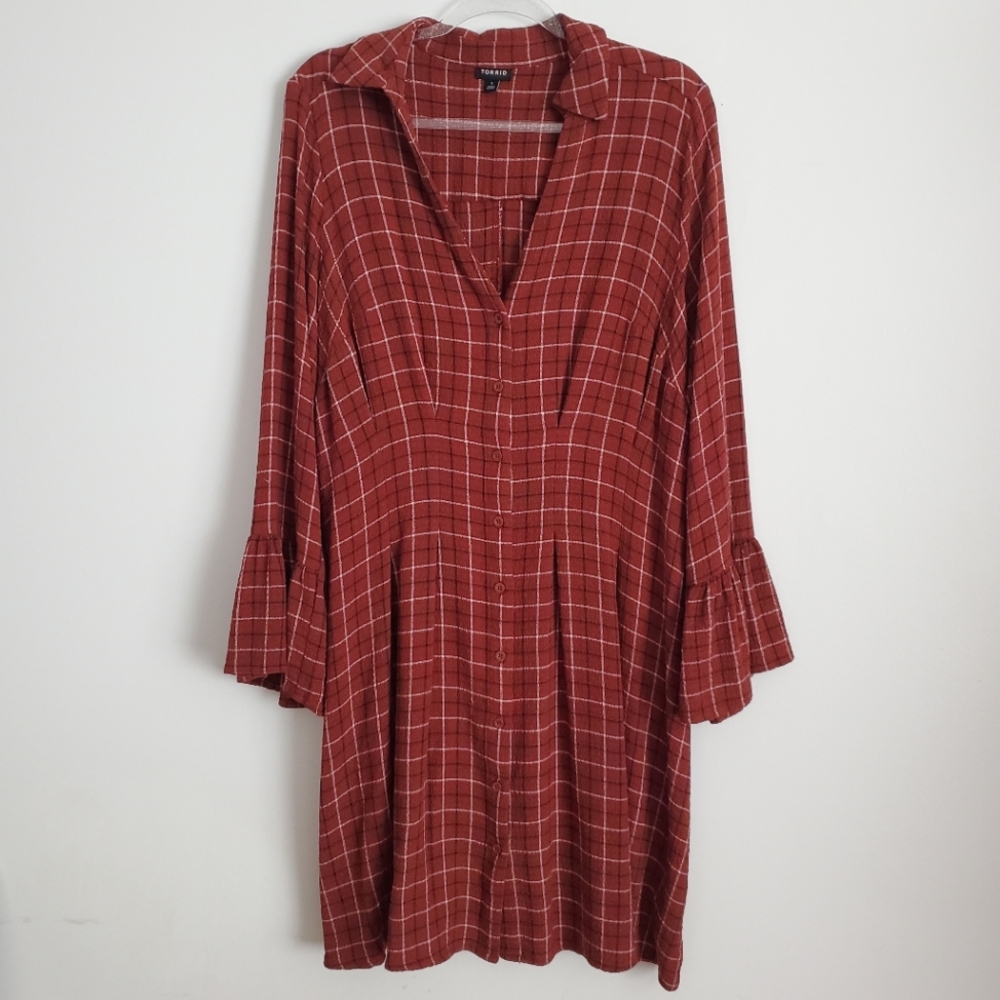 Torrid Plaid Gauze Bell Sleeve Shirt Dress Size 1X